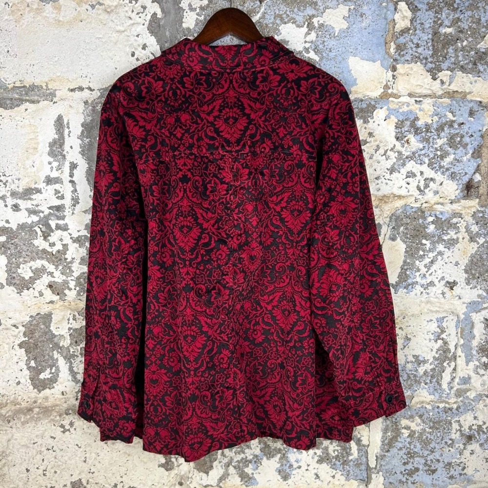 Y2K Denim & Co Corduroy Jacket Red Black Damask Floral Chore Shacket Womens 2X - Picture 2 of 7